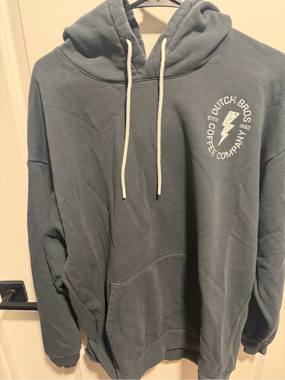 Dutch Bros Slate Gray Pullover Hoodie with White Drawstrings